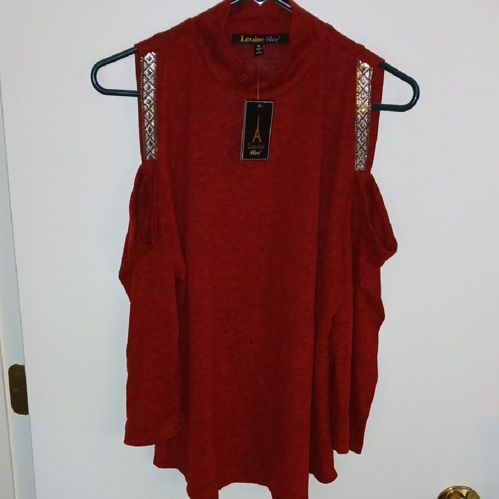 Louise Paris, Dark Red Women's Cut Out Shoulder Rhinstone Embelishment Top XL